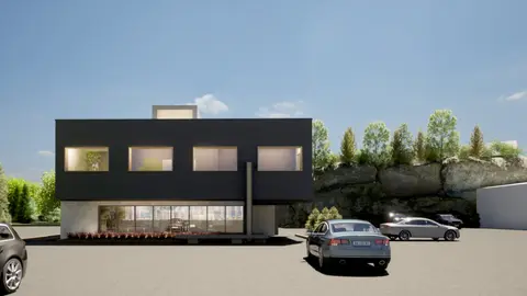Rendering of a dark two-storey office addition over a warehouse frontage
