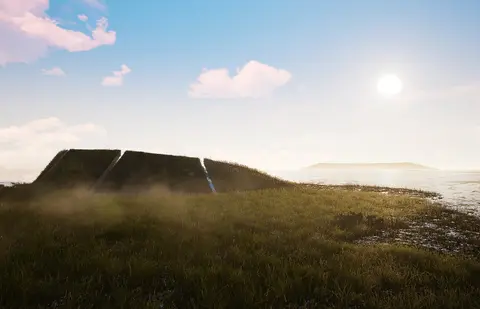 Rendering of a low turf-covered building in a grassy volcanic landscape