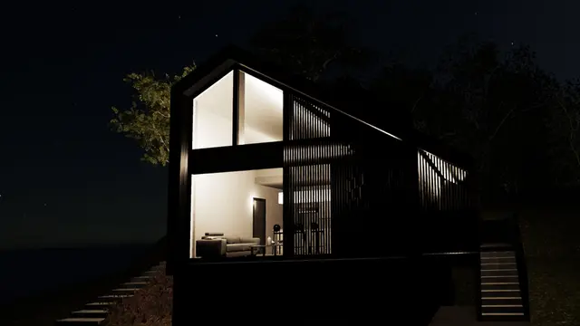 Night rendering of a gabled addition glowing through vertical timber slats