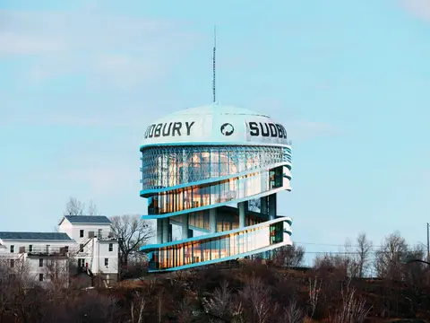 Rendering of the Sudbury water tower wrapped in a glazed atrium on its supporting structure