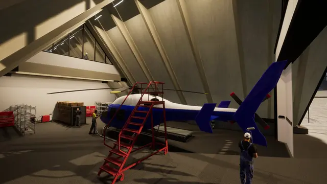 Rendering of a police helicopter in a timber A-frame hangar with a maintenance platform