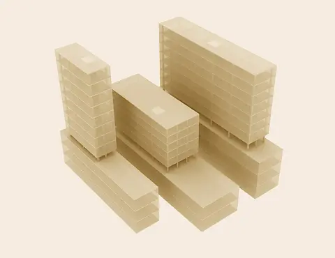 Several generated variants of a stepped timber building