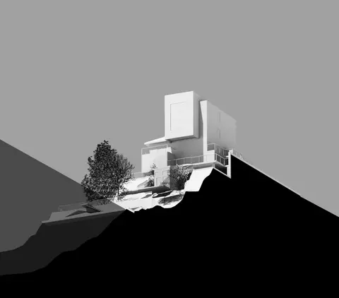 Greyscale massing study of the addition on the rocky slope, seen from the lake