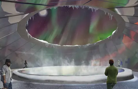 Rendering of visitors in a central space around a steaming geothermal pool under an open oculus