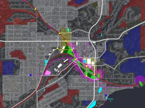 Colour-coded master plan map of downtown Sudbury showing greenways, transit and development sites