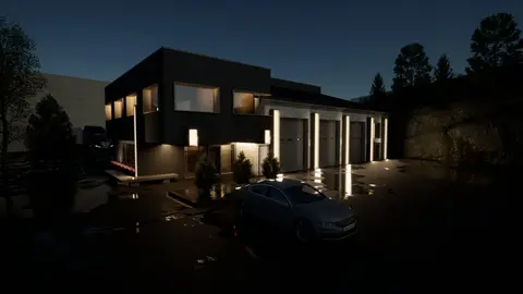 Night rendering of the addition lit from inside