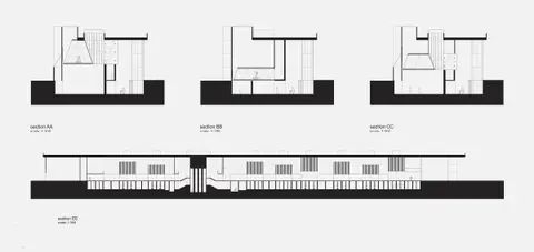 Building sections showing cantilevered volumes over a long central corridor