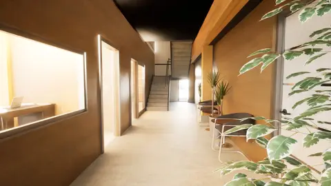 Rendering of the upper corridor with wood-lined walls and a stair