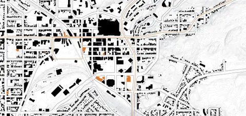 Figure-ground site plan of downtown Sudbury and the rail lands
