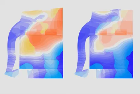 Two colour-coded site plans of Cambrian Heights comparing cut and fill depths for different building positions