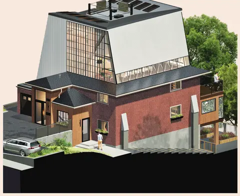 Rendering of a Lantern Box: a metal-clad, glazed upper storey supported on its own columns above an existing brick house